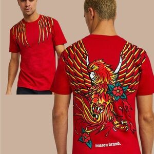Red Short Sleeved Graphic Tee With  Multi Colored Phoenix Size XL